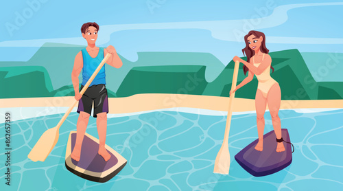 Beautiful young woman and man in a swimsuit riding a stand-up paddle board. Summer water sports activities. Vector cartoon illustration.
