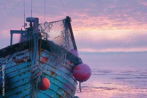 weathered lobster boat at dawn silhouetted against a pastel sky colorful buoys and nets in foreground misty sea and distant horizon create layered composition photo
