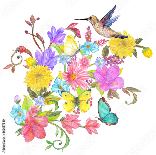 colorful floral arrangement with stylized branch of lilac, blooming swirl twigs of wild flowers. bouquet of blossom with butterflies, ladybug and humming bird. watercolor painting