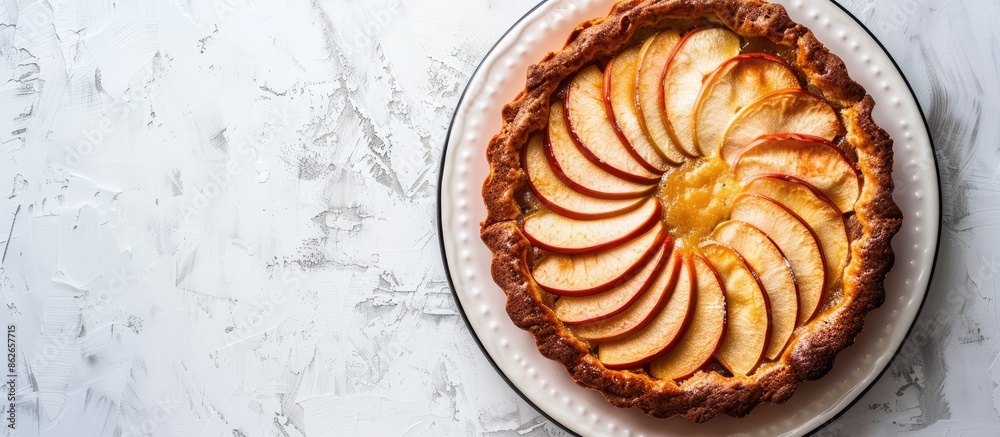 Apple cake just baked, displayed on a white background with room for text or other images. Copy space image. Place for adding text and design