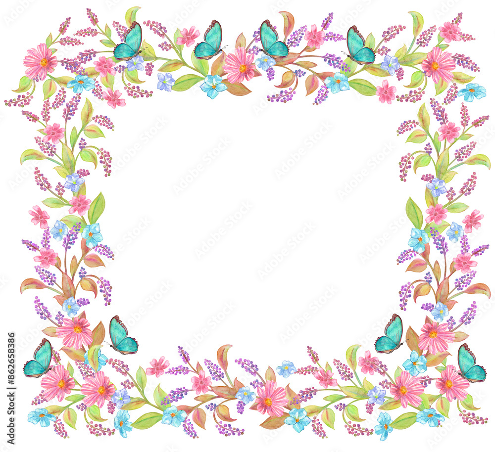 floral frame with stylized branch of lilac, tiny wild flowers and butterflies. watercolor painting floral frame with stylized branch of lilac, tiny wild flowers and butterflies. watercolor painting