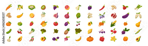 Various farm vegetables and tropical fruit icons set. Different fresh food. Agriculture harvest, crop: apple, orange, tomato, pumpkin, onion. Flat isolated vector illustrations on white background
