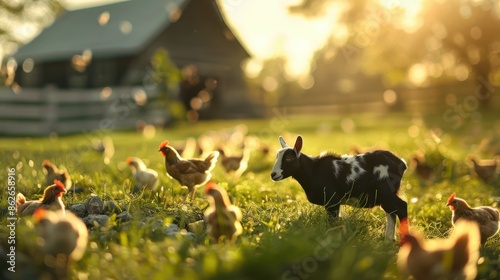 Adorable farm scene with a playful calf and curious chickens enjoying the golden sunset. Serene countryside living captured beautifully. photo