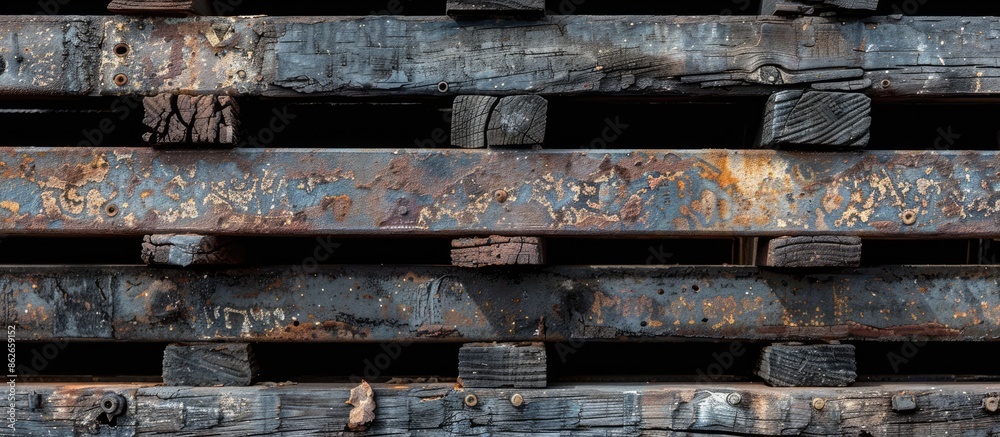 Close-up shot of stacked worn-out railroad ties with metal grids, featuring a copy space image. Close-up shot of stacked worn-out railroad ties with metal grids, featuring a copy space image.