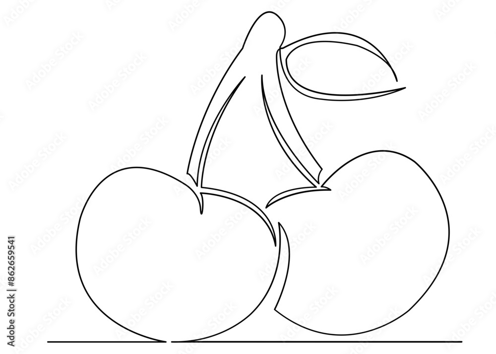 continuous single drawn one line cherry, cherry hand-drawn picture silhouette. Line art. Doodle