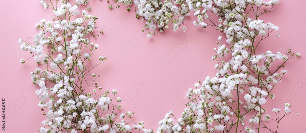 View from above showing a heart-shaped design made of gypsophila flowers on a pink backdrop with space for additional content. View from above showing a heart-shaped design made of gypsophila flowers on a pink backdrop with space for additional content.