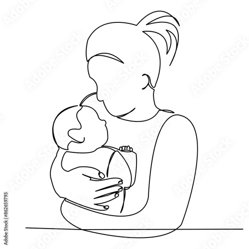 continuous single drawn one line woman in hospital with a newly born child drawn by hand picture silhouette. Line art. character mother with newborn baby