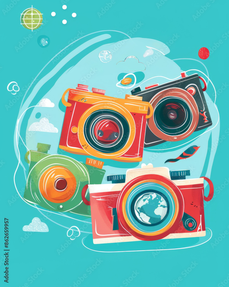 Fototapeta premium Colorful Cameras with Globe Illustration