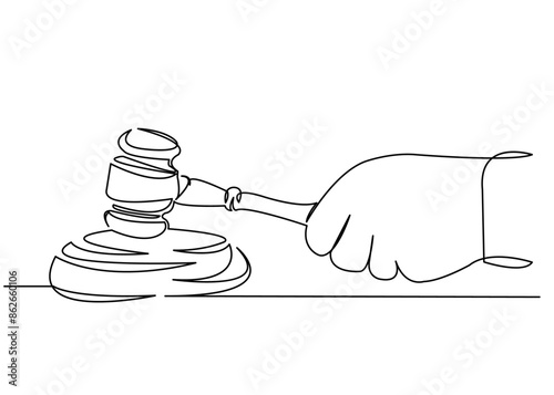continuous single drawn one line judge hammer in hand hand-drawn picture silhouette line art. doodle.