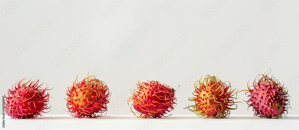 Five rambutans displayed on a white backdrop with isolated background and copy space image, showcasing this tropical fruit.