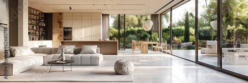 A spacious living room with modern interior design features a large sectional sofa, a coffee table, and a dining area visible through sliding glass doors leading to an outdoor patio photo