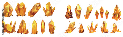 Illustration of cartoon gold nuggets isolated on a white background. Modern illustration of amber crystals, yellow gem stones, royal wealth symbol, and game assets.