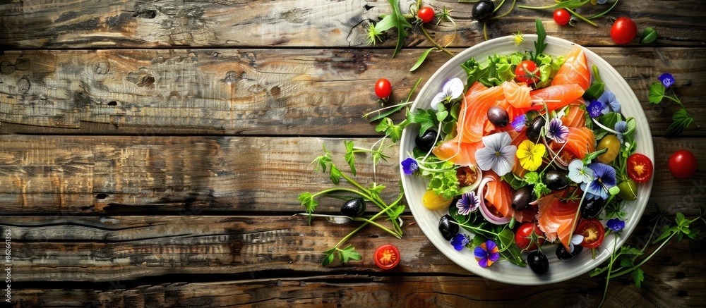 Healthy food concept depicted through a fresh salad with smoked salmon, black olives, cherry tomatoes, and edible flowers on a wooden background, perfect for copy space image. Healthy food concept depicted through a fresh salad with smoked salmon, black olives, cherry tomatoes, and edible flowers on a wooden background, perfect for copy space image.