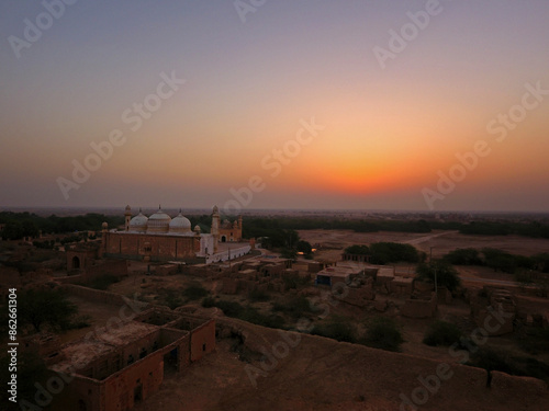 Aerial view of historical temple village at sunset in Yazman, Punjab, Pakistan. photo