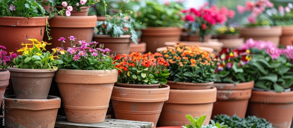At the nursery, flower and plant pots are stacked neatly, creating an appealing display for customers, with copy space image. At the nursery, flower and plant pots are stacked neatly, creating an appealing display for customers, with copy space image.