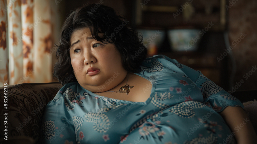 Middle age overweight asian women at home looks concern and worry Middle age overweight asian women at home looks concern and worry