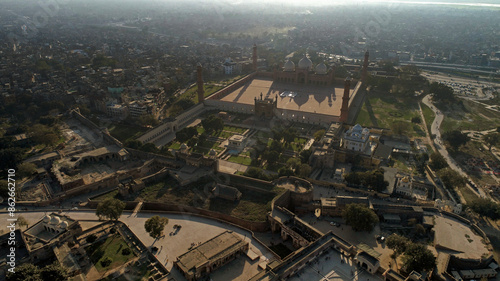 Aerial view of historic Walled city with mosque and fort, Lahore, Pakistan. photo