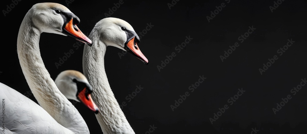 Fototapeta premium Angry swans in a line, with a copy space image.