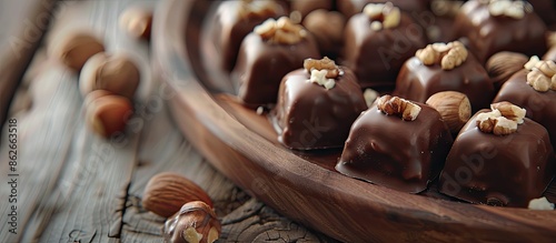 Close-up image of chocolate candy with nuts, perfect for tea time enjoyment outdoors, with ample copy space. photo