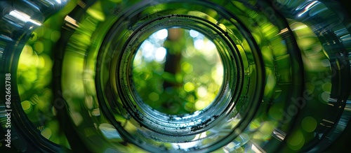 Viewing through a stainless steel pipe with a blurred green tree at the end in a copy space image.