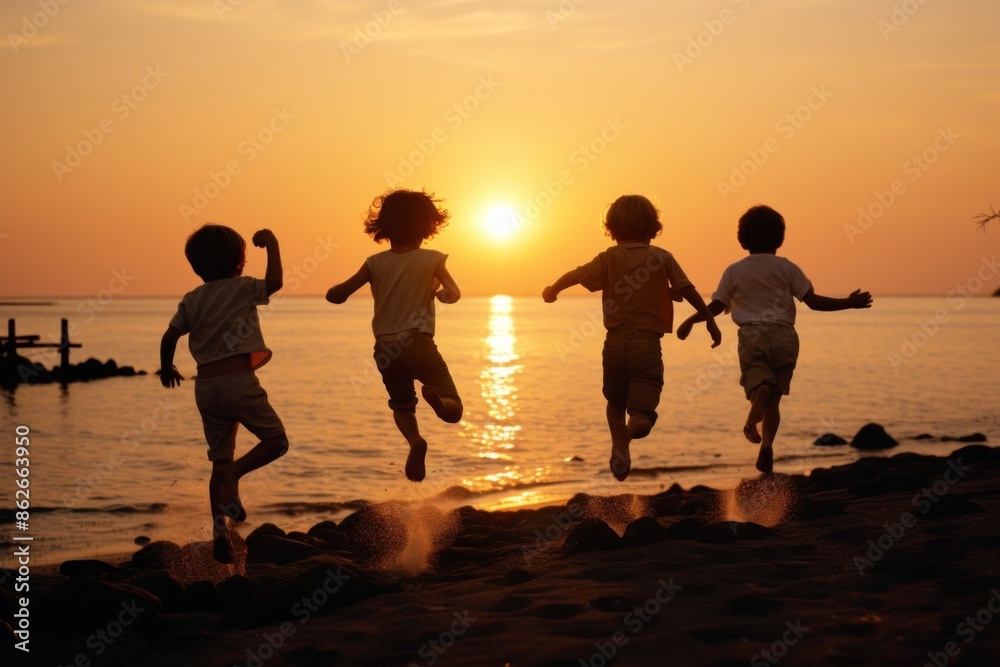Fototapeta premium Children playing on the beach summer sun outdoors.