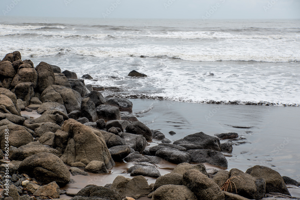 Wild rocky beach or Seascape with powerful waves, Maharashtra, India, Asia. Wild rocky beach or Seascape with powerful waves, Maharashtra, India, Asia.