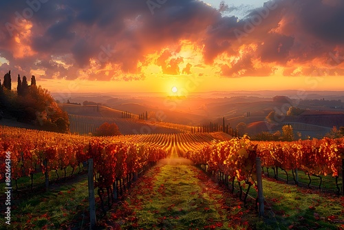 Sunset Over Vineyard in Autumn - Serene Landscape for Wall Art, Greeting Cards, Posters