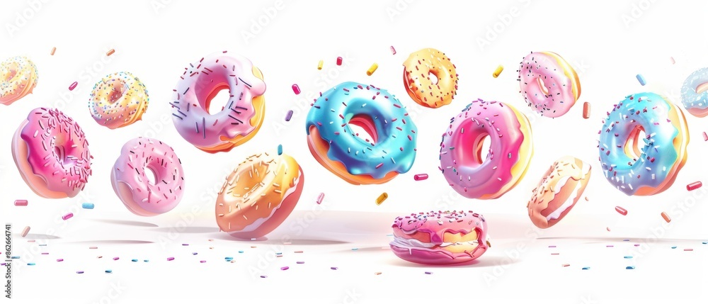 Colorful Donuts Flying in a White Background Colorful Donuts Flying in a White Background