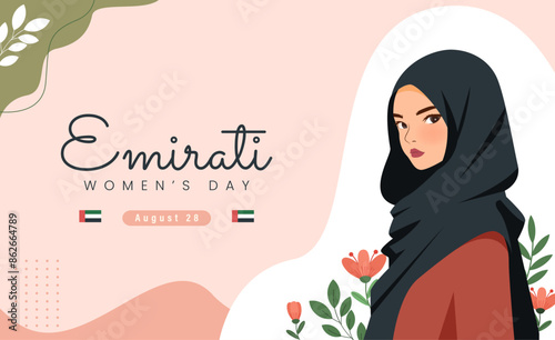 Emirates Women's Day Design with Female with Hijab Vector Illustration. Emirati Womens Day Template Suitable for Poster Banner Flyer Background. UAE Women's Day August.
