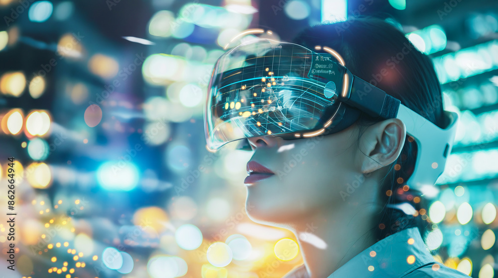 Fashionable tech enthusiast wearing augmented reality glasses and exploring virtual interface in a sleek startup environment. Fashionable tech enthusiast wearing augmented reality glasses and exploring virtual interface in a sleek startup environment.