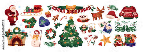 Xmas items set. Christmas tree, Santa with gifts, elves. Festive wreath, candy canes, gingerbreads. New year decorations. Winter holiday decor. Flat isolated vector illustration on white background