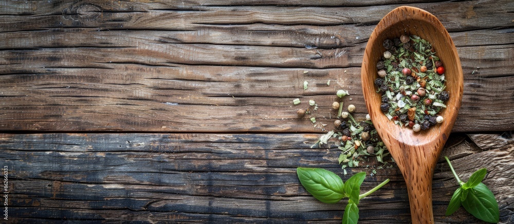 Wooden spoon holding food herb seasoning as a kitchen ingredient on a wooden table with copy space image. Wooden spoon holding food herb seasoning as a kitchen ingredient on a wooden table with copy space image.