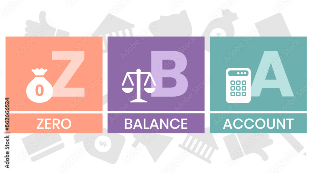 ZBA - zero balance account acronym. business concept background. vector illustration concept with keywords and icons. lettering illustration with icons for web banner, flyer ZBA - zero balance account acronym. business concept background. vector illustration concept with keywords and icons. lettering illustration with icons for web banner, flyer