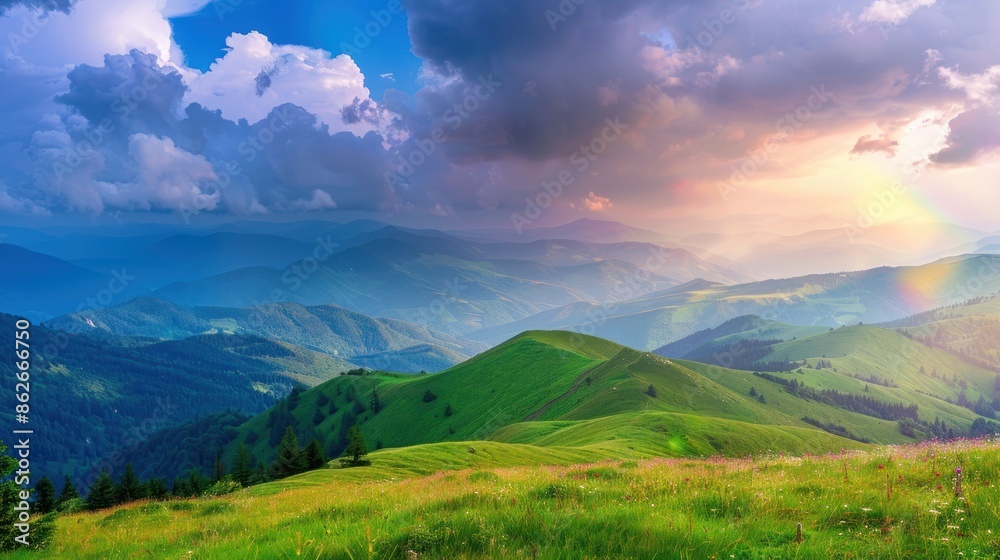Naklejka premium green meadow on the mountain Above, there are rainbow-colored clouds in the sky, beautiful.