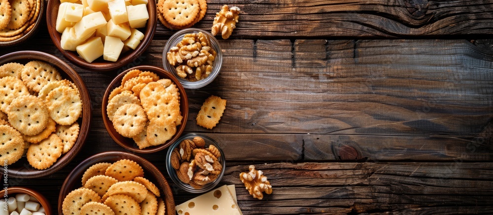 A wooden background with a variety of delicious crackers, cheese, and snacks displayed, providing an ideal setting for a copy space image. A wooden background with a variety of delicious crackers, cheese, and snacks displayed, providing an ideal setting for a copy space image.