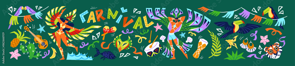 Fototapeta premium Horizontal banner with design elements of Brazil carnival. Celebration of Latin festival, Brasil party. Brazilians, people dance to music. Tropical leaves, exotic toucans. Flat vector illustration