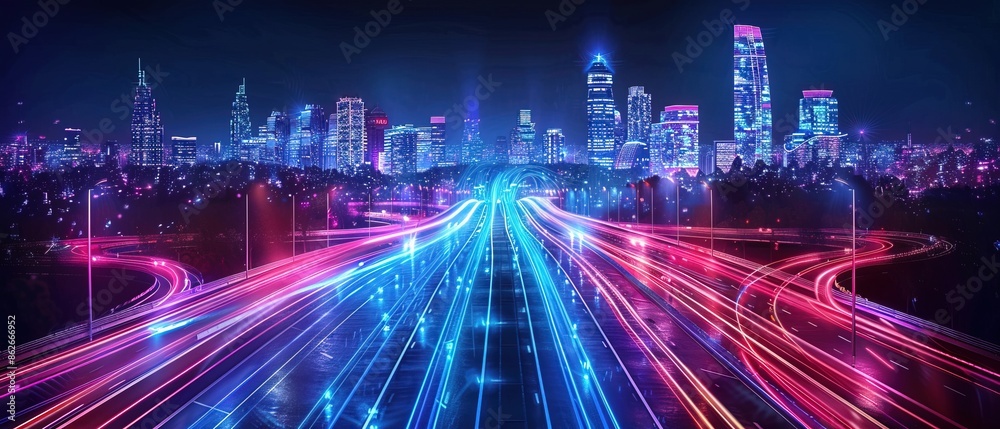 Smart connected city and highway. Smart grid and connection network Smart connected city and highway. Smart grid and connection network