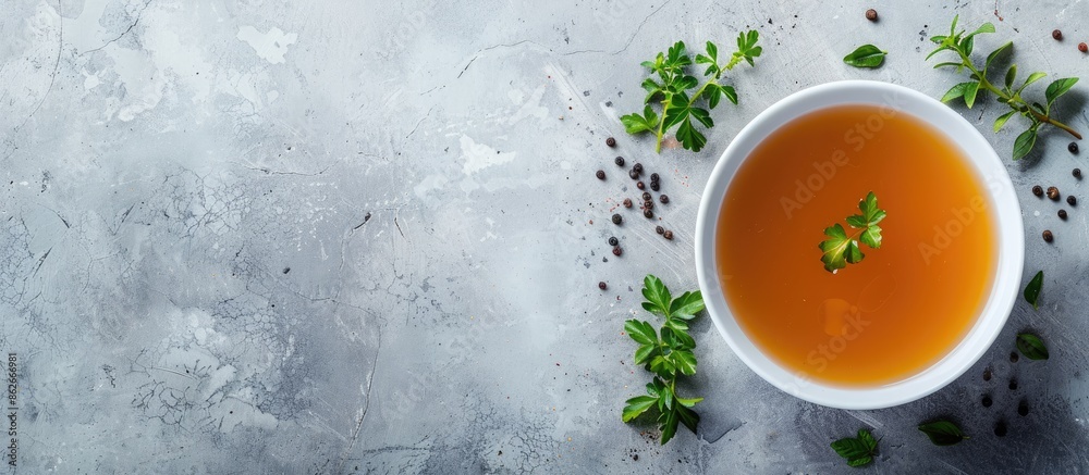 A healthy food concept featuring a bowl of broth on a gray background captured from a top view with ample copy space, ideal for a panorama or banner design. A healthy food concept featuring a bowl of broth on a gray background captured from a top view with ample copy space, ideal for a panorama or banner design.