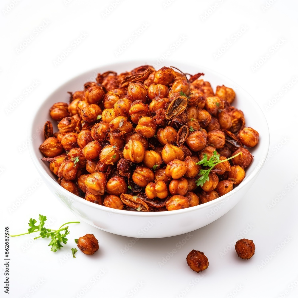 Spicy Roasted Chickpeas in White Bowl on White Background Spicy Roasted Chickpeas in White Bowl on White Background