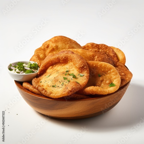 Crispy Bedmi Puri with Chopped Herbs in Wooden Bowl