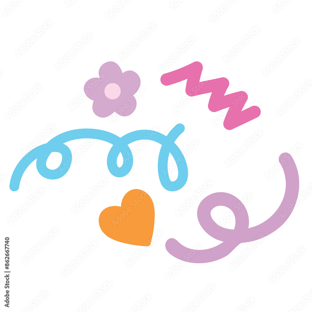 Obraz premium Illustration of pastel flower, heart and doodles elements for decoration, tattoo, social media post, print, cute patches, shirt print, logo, icon, floral print, love sign, valentine card, pattern, ads