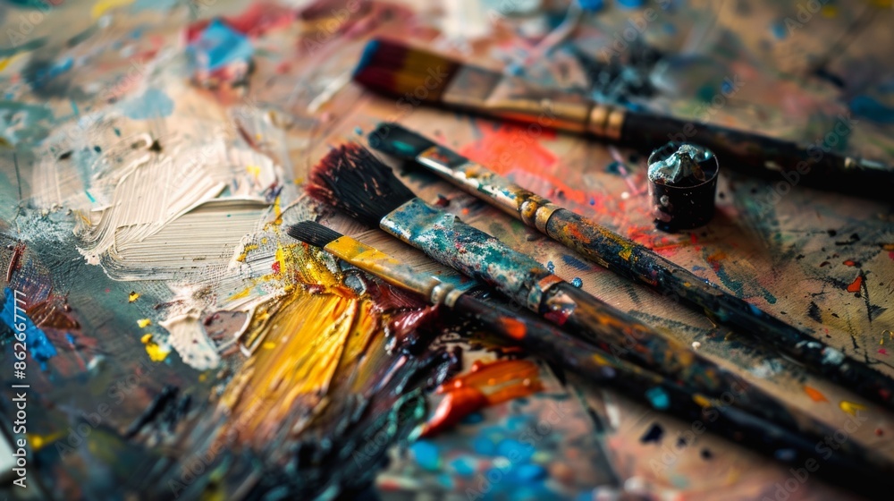 Naklejka premium Colorful Paintbrushes and Palette on Artist's Table