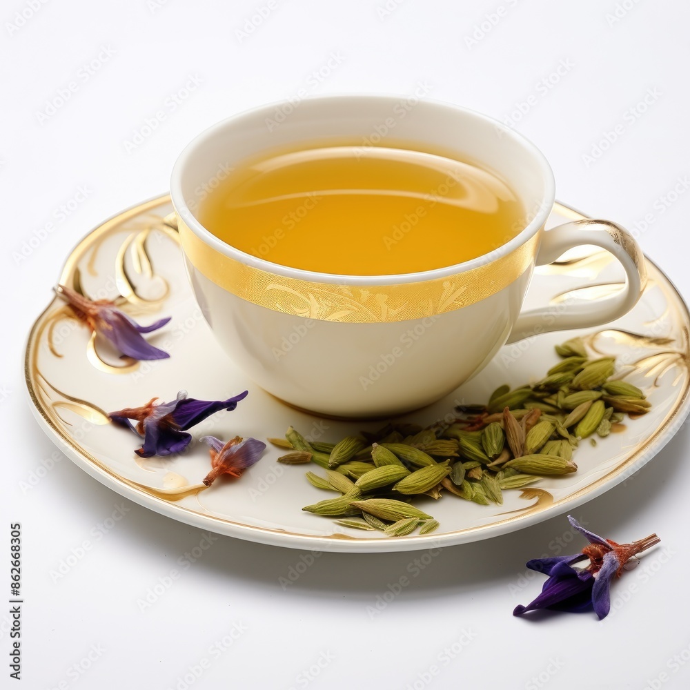Elegant Cup of Saffron Cardamom Tea on Decorated Plate Elegant Cup of Saffron Cardamom Tea on Decorated Plate
