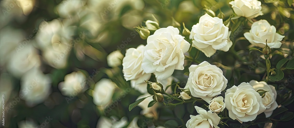 White roses in full bloom on a garden bush with copy space image. White roses in full bloom on a garden bush with copy space image.