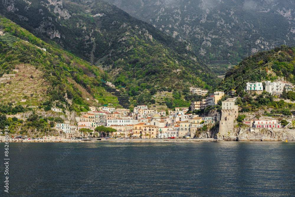 View of picturesque Amalfi Coast overlooking Mediterranean Sea, Cetara, Campania, Italy.
