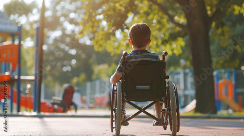 Bright photo of a disabled kid on a wheelchair watching how other kids are playing on playground