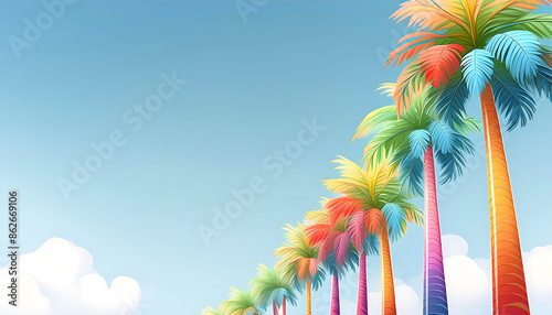 Colorful palm trees in a row at the roadside photo