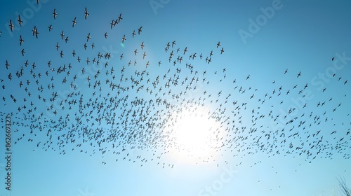 Vast Flock of Migratory Birds Soaring in V-Formation Across Clear Blue Sky