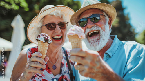 Couple happy seniors having fun on sunny summer day while spending time together outside and eating ice cream