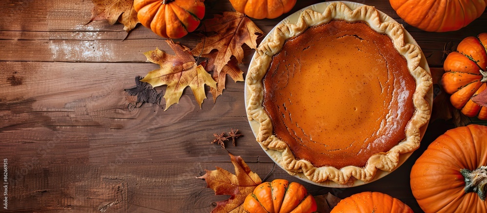 An overhead view of pumpkin pie displayed with autumnal pumpkins in the background, ideal for a copy space image. An overhead view of pumpkin pie displayed with autumnal pumpkins in the background, ideal for a copy space image.